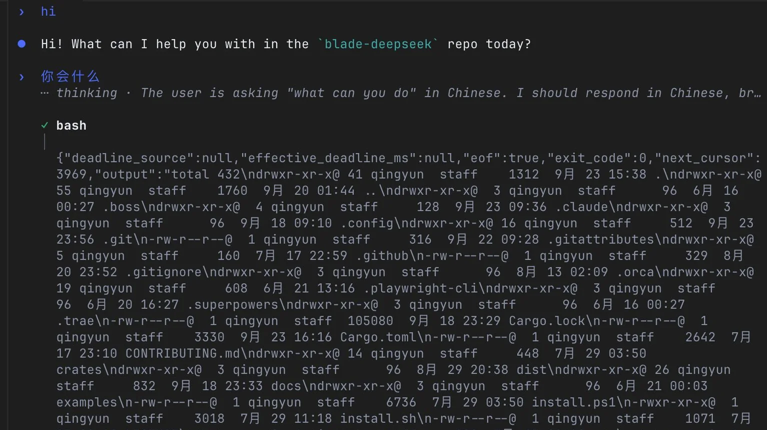 bash 工具行显示的是结果信封的原始 JSON，而不是命令的输出